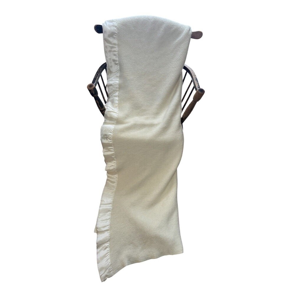 Ralph Lauren White Waffle Weave Thermal Blanket Satin Trim 90x90 Made in USA